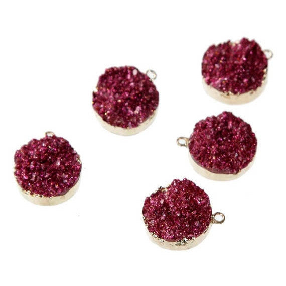 2 Gold Plated Faux Druzy Charm Pendants, Magenta Hot Pink Resin Druzy, 22x18mm, chg0516