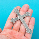 2 Large Antique Silver Tone Ornate Cross Pendants, chs0157