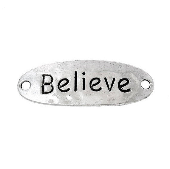 10 BELIEVE Stamped Quote Hammered Silver Oval Connector Link Charms, 1-3/8" long chs1730