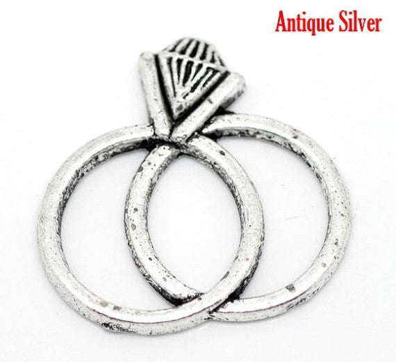 4 - Antique Silver Metal WEDDING RING Bridal Charm Pendants 25x25mm (1"x1") cake charms party favors. Chs0871