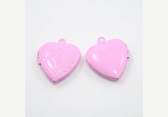 2 Pink Enamel Heart Locket Charm Pendants, 22x19mm  che0165