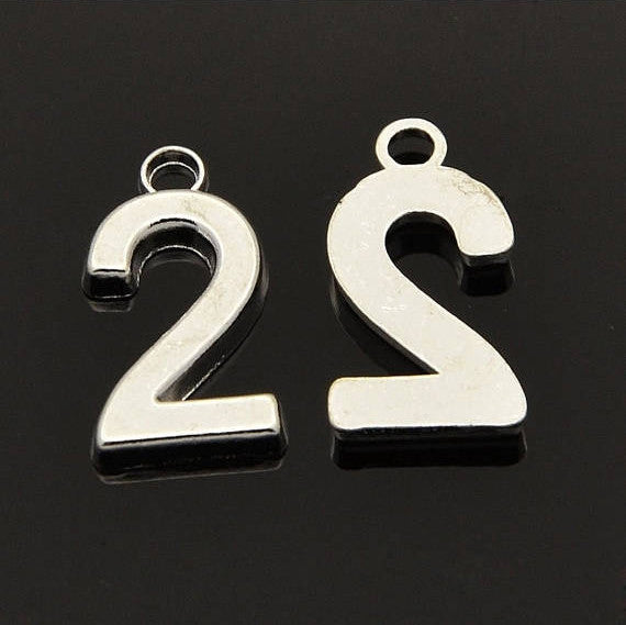 6 Silver Plated Number 2 (two) Charms, 18mm tall, about 3/4" chs2112
