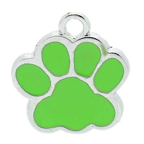 2 Silver Pewter and Enamel Green PAW PRINT School Mascot Charm Pendants. che0057