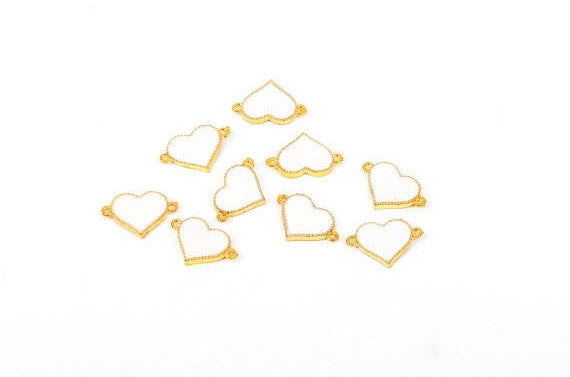 2 WHITE and GOLD Heart Enamel and Metal Connector Charms.  che0135