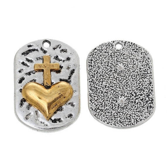 3 CROSS HEART Dogtag Charm Pendants, silver tone base with gold cross, rustic hammered metal rectangle, 37x15mm, chs2743