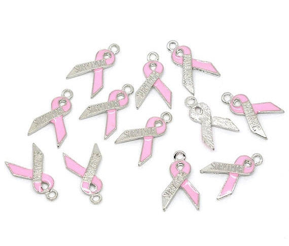 4 Silver and Pink BREAST CANCER Awareness Survivor Ribbon Charms or Pendants 19mm x 11mm che0143