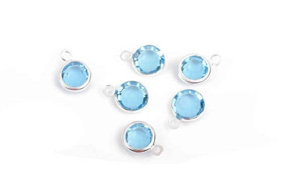 6 AQUAMARINE Light BLUE Rhinestone Faceted Circle Charms, 6mm Silver Drop Charms, Crystal Glass in Bezel, March Birthstone, chs2932