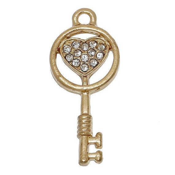 2 Gold Plated Heart Key Charms With Clear Rhinestones, chg0294