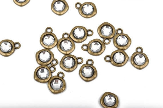 50 Bronze Rhinestone Drop Charms, 10mm asymmetrical circle with faceted rhinestone embedded in center, chb0463b