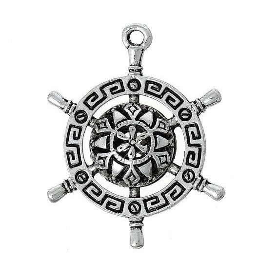 Ornate Ship's Helm, Pirate Wheel, silver charm, double-sided, nautical theme, sailor theme, 4 charms, chs1822