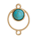 5 Gold Circle Charm Pendants, 2-hole connector links, round faux turquoise cabochon, gold metal, 24x17mm, chg0508
