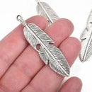 5 Silver FEATHER Charms, Oxidized Silver metal charms, Silver feather pendants, 61x15mm, 2-3/8" long chs2848