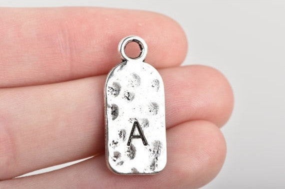 5 Letter A Monogram Initial Letter Stamped Rectangle Tag Charms, Hammered Antiqued Silver Tone Metal, 27x12mm, chs2599