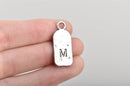5 Letter M Monogram Initial Letter Stamped Rectangle Tag Charms, Hammered Antiqued Silver Tone Metal, 27x12mm, chs2611