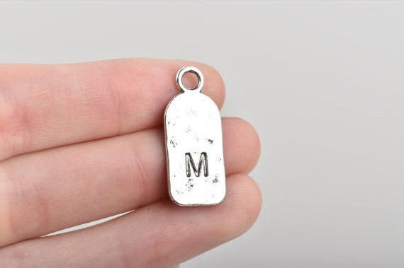 5 Letter M Monogram Initial Letter Stamped Rectangle Tag Charms, Hammered Antiqued Silver Tone Metal, 27x12mm, chs2611
