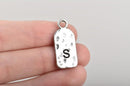 5 Letter S Monogram Initial Letter Stamped Rectangle Tag Charms, Hammered Antiqued Silver Tone Metal, 27x12mm, chs2617