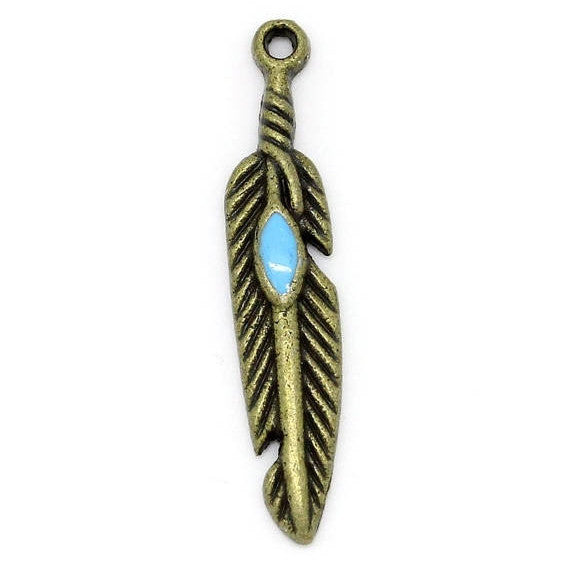 10 Bronze Indian Native American FEATHER Charm Pendants with TURQUOISE blue enamel accent. Chb0107