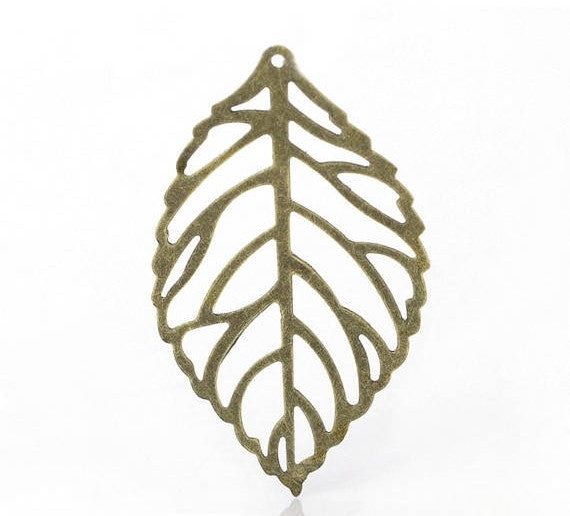 12 Medium Antique Bronze Tone Filigree Leaf Charm Pendants.  CHB0178
