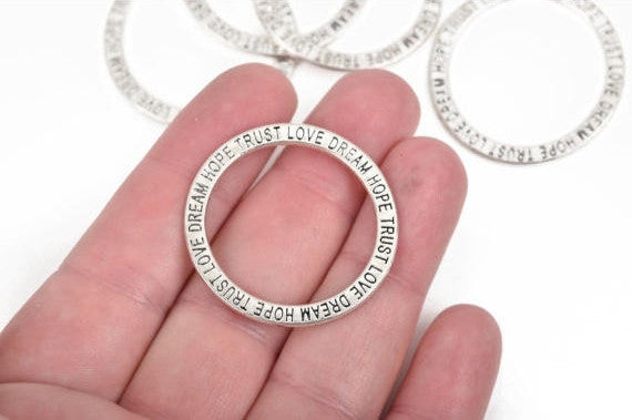 5 Silver Affirmation Rings, Stamped Circle Washer Connector Links, "Trust Love Dream Hope" 35mm, chs2855