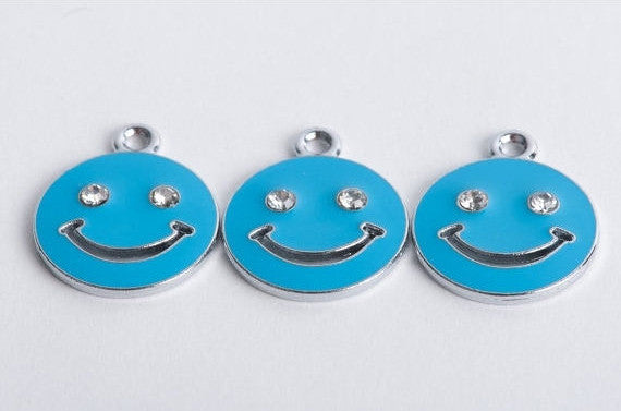 4 Smiley Face Charms, enamel and rhinestones, BLUE  che0109