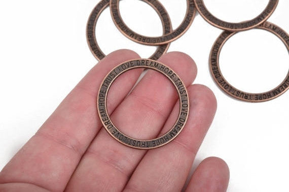 5 Copper Affirmation Rings, Stamped Circle Washer Connector Links, "Trust Love Dream Hope" 35mm, chc0091