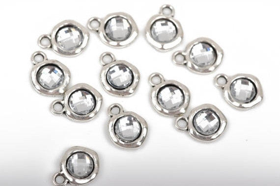 10 Silver Tone Rhinestone Drop Charms, 10mm asymmetrical circle with faceted rhinestone embedded in center, chs2543a