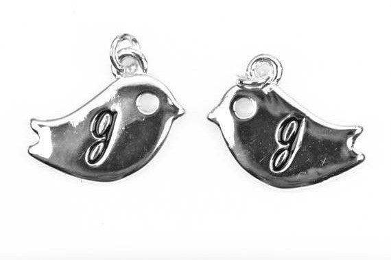Monogram G Silver plated BIRD lower case letter charm, personalized alphabet monogram, double sided charm, 16x12mm, chs2501