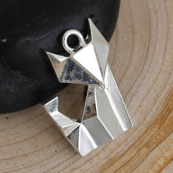 5 Silver ORIGAMI FOX Charms, Bright Silver Plated Pendants, 22x16mm, chs2656