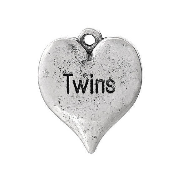 8 Silver Oxidized TWINS Heart Stamped Charm Pendants, 3/4"  chs1664