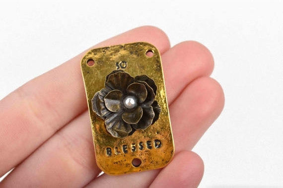 2 SO BLESSED Charms, Curved Bracelet Connector Links, gold base with bronze metal flower and faux pearl, 3-hole connector, 39x24mm - chs2887