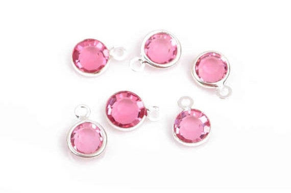 6 TOURMALINE PINK Rhinestone Faceted Circle Charms, 8mm Silver Drop Charms, Crystal Glass, Silver Plated Bezel, October Birthstone,  chs2914