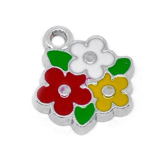 On Sale  4 Red, White and Yellow FLOWER Enamel Charms che0410