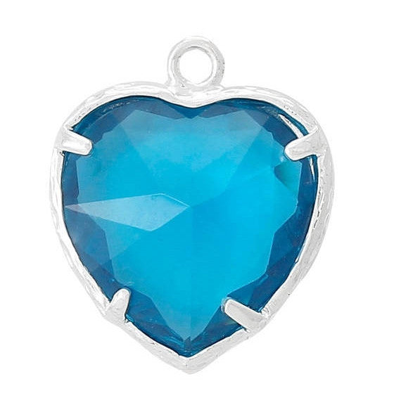 2 Blue Heart Charm, heart pendant, September birthstone heart, Silver Plated glass crystal, SAPPHIRE Blue chs1459