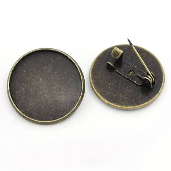 10 Bronze Brooch Pins with Bezel Cabochon Tray, 3/4" Bezel Tray (fits 20mm) pin backs, pin blanks, pin0101