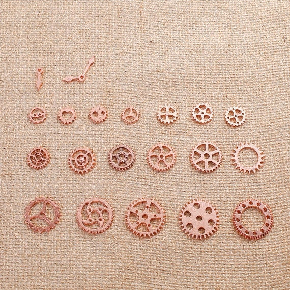 20 count Mixed Set STEAMPUNK GEAR Cog Bright Copper Charm Pendants, faux watch parts, mixed styles and sizes, 12mm to 26mm, chc0073