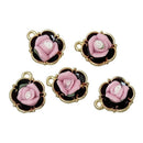 5 PINK and BLACK Rose Charm Pendants, small gold plated, resin roses, 15x13mm, chg0323