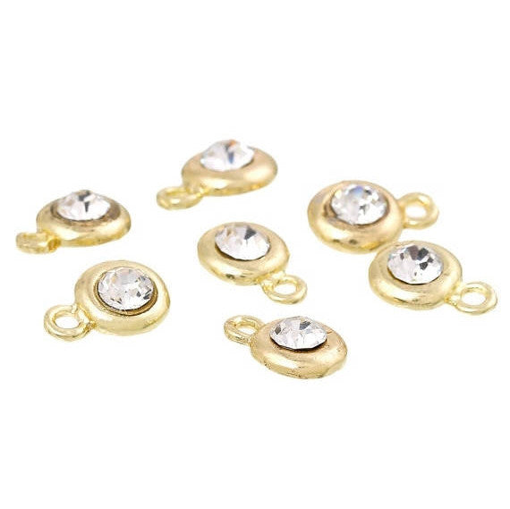 10 Gold Plated Rhinestone Drop Charms, 8mm circle with crystal embedded in center  chg0161
