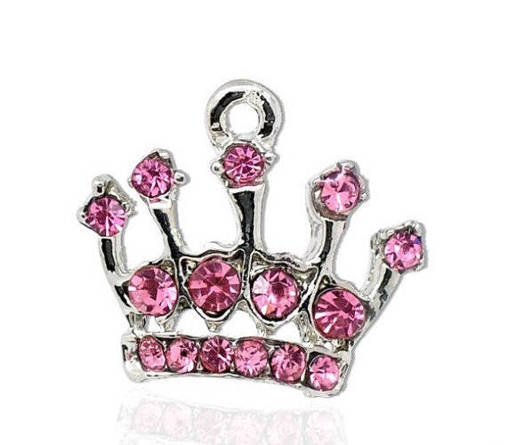 4 Rhinestone PINK Crystal PRINCESS Crown Charms, Silver Base, Clear Rhinestones  21x20mm . chs1010