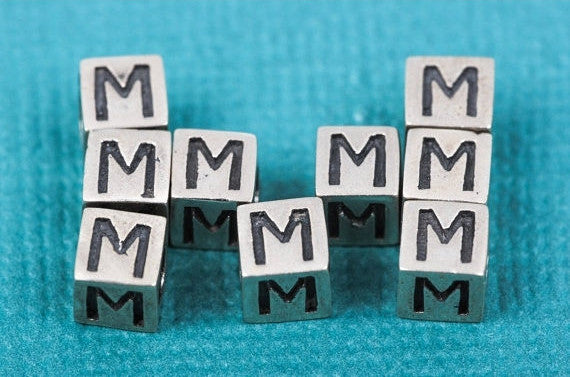 Alphabet LETTER M Sterling Silver Alphabet Block Bead, Square Cube, 4.5mm, pms0317