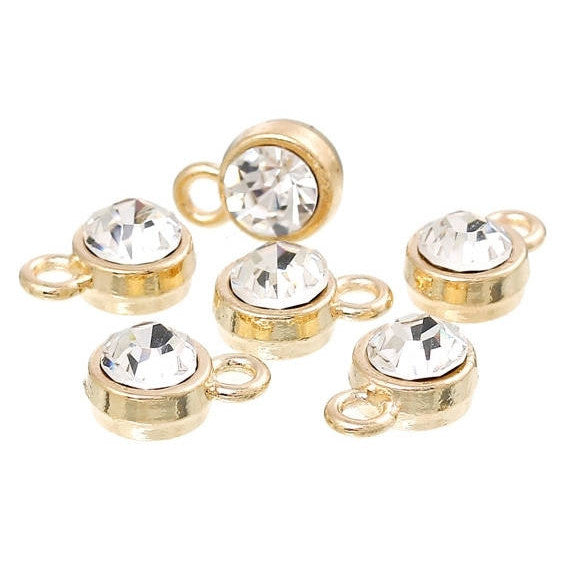 10 Gold Plated Rhinestone Drop Charms, 8mm circle with crystal embedded in center  chg0162