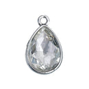 10 CLEAR DIAMOND White Rhinestone Teardrop Drop Charms, Crystal Glass in Silver Tone Bezel, April Birthstone, 19x12mm, chs2794