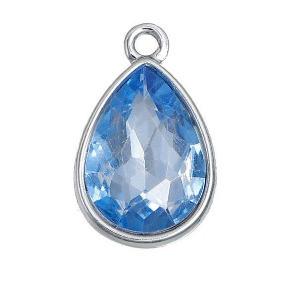 10 LIGHT BLUE Aquamarine Rhinestone Teardrop Drop Charms, Crystal Glass in Silver Tone Bezel, March Birthstone, 19x12mm, chs2788