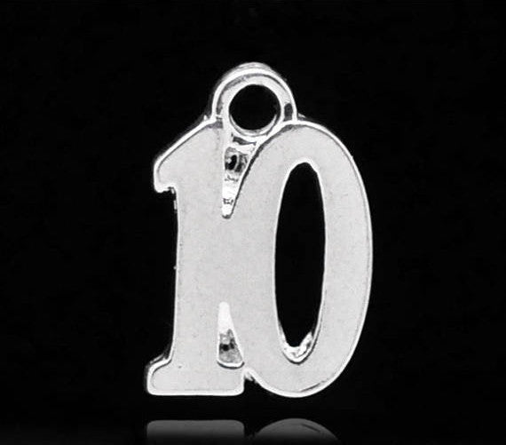 6 Number 10 Charms, Silver Plated Pendants, number TEN, chs1993