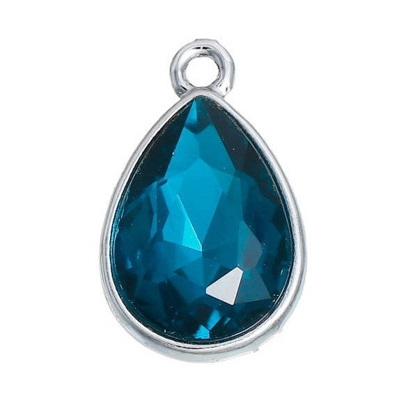 10 Zircon TEAL BLUE Rhinestone Teardrop Drop Charms, Crystal Glass in Silver Tone Bezel, December Birthstone, 19x12mm, chs2783