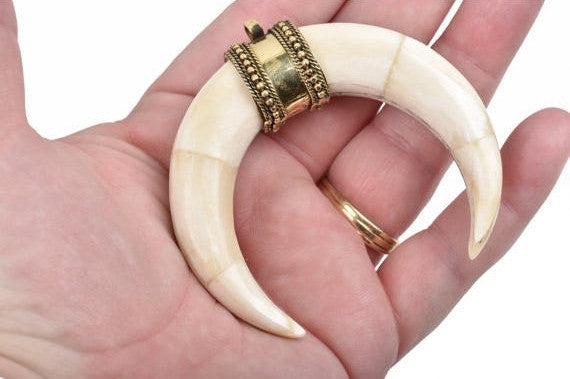 White Natural Bone Double Horn Pendant, Large Crescent Horn, Brass Bail, Upside Down Moon, 2-3/4" wide cho0167