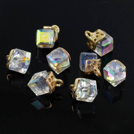 4 Gold Plated Floating Charm Pendants, Crystal Cube chg0165