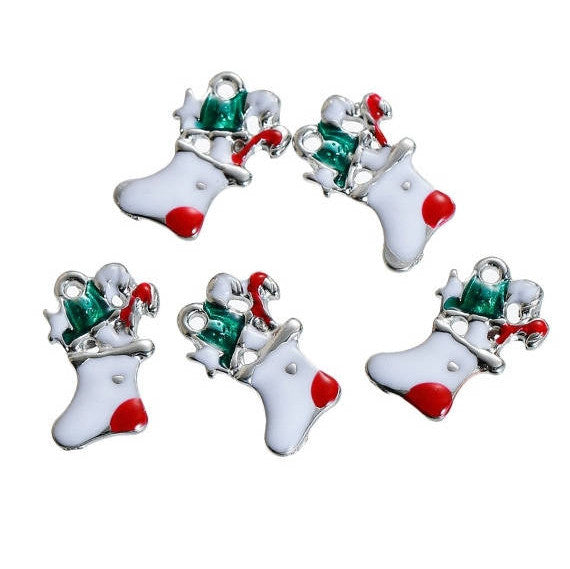 5 STOCKING Christmas Charms or Pendants, Silver Plated with enamel, 5/8",  che0529