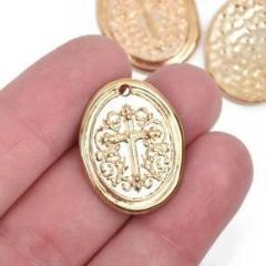 5 Light Gold Cross Relic Charm Pendants, wax seal style, oval coin charms, gold plated metal, double sided design, 27x21mm, chs2860