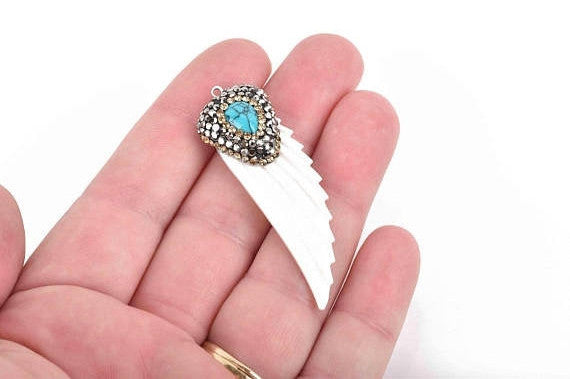 1 White Feather Charm, Feather Pendant made of Carved Shell, Pavé Rhinestones and Faux Turquoise, Handmade, 52x16mm (2") chs2952