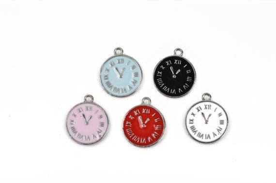 5 CLOCK FACE Charm Pendants, silver plated, enamel, set of 5, 1 of each color, blue, pink, black, white, red, 14mm diameter, che0518